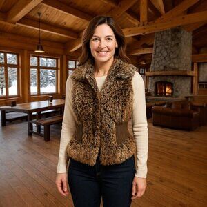 Womens Faux Fur Vest Brown Sherpa Y2K Boho Chunky Knit‎ Waist Cozy Winter